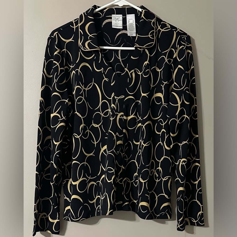 EMMA JAMES size PXL black with artistic gold design long sleeved blouse. NWT.